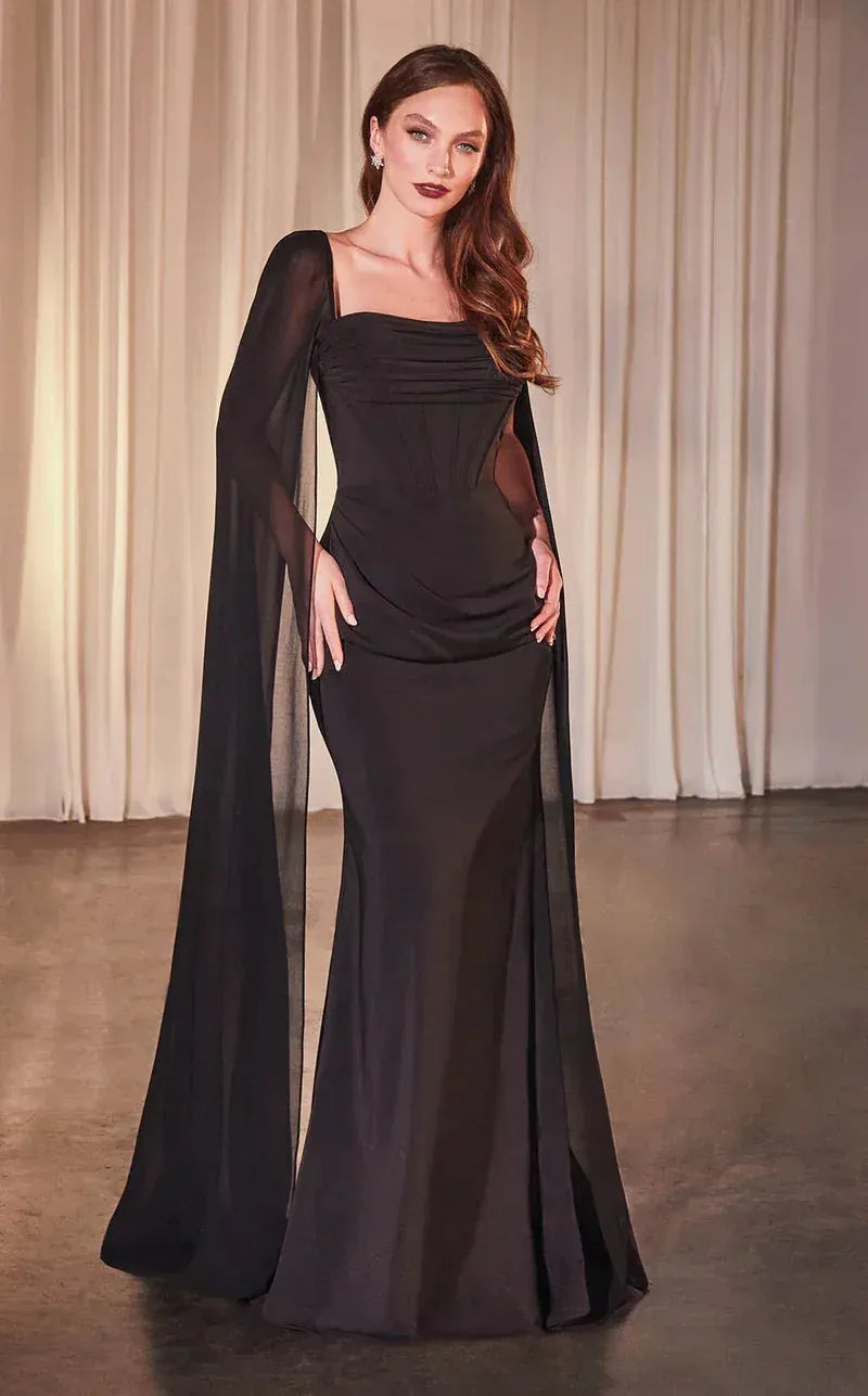 Sheath Square Neck Cape Sleeve Corset Ruched Chiffon Sage Long Prom Dress