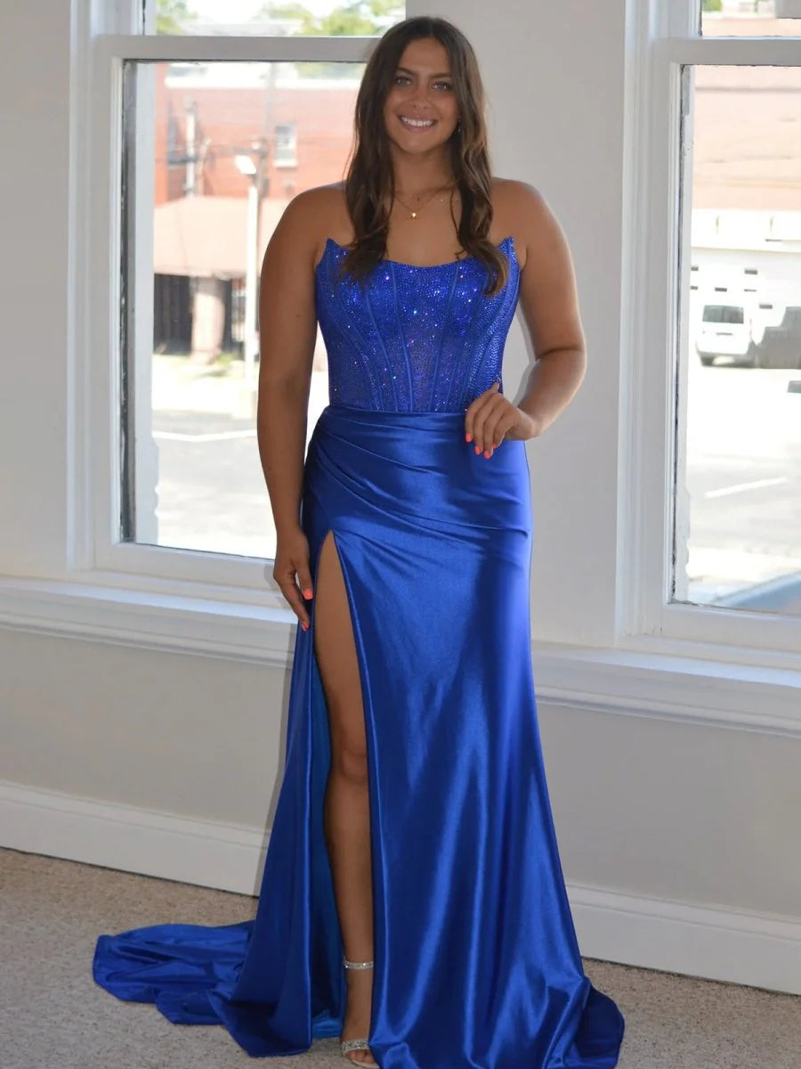 Sheath Strapless Corset Slit Satin Lilac Long Prom Dress With Train