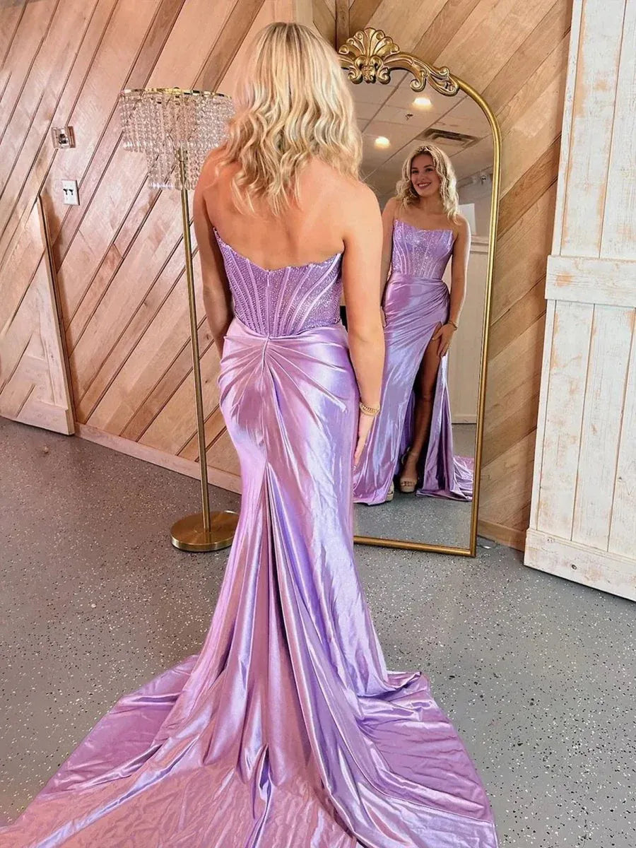 Sheath Strapless Corset Slit Satin Lilac Long Prom Dress With Train
