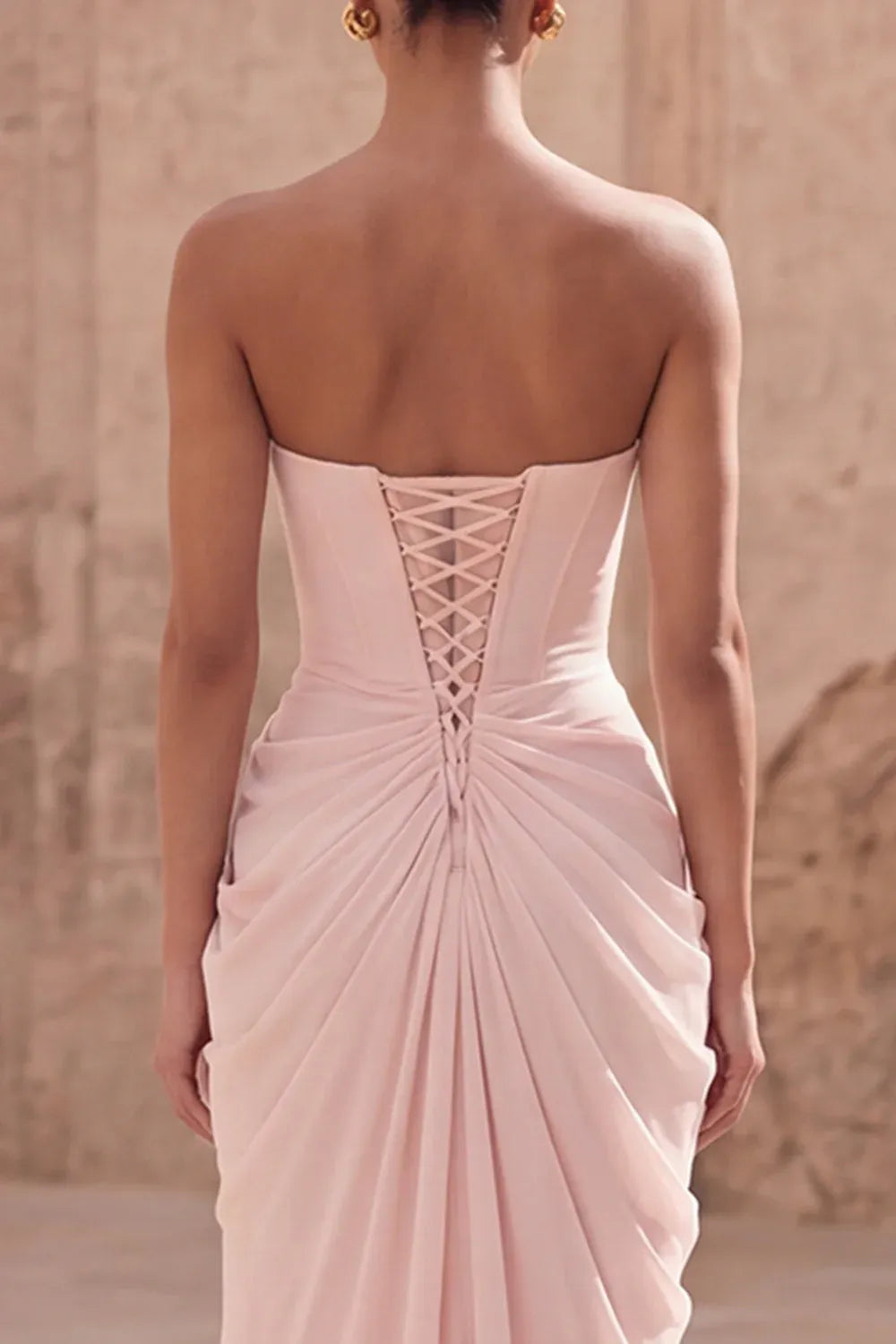 Sheath Strapless Ruched Lace-Up Blush Long Prom Dress With High Slit