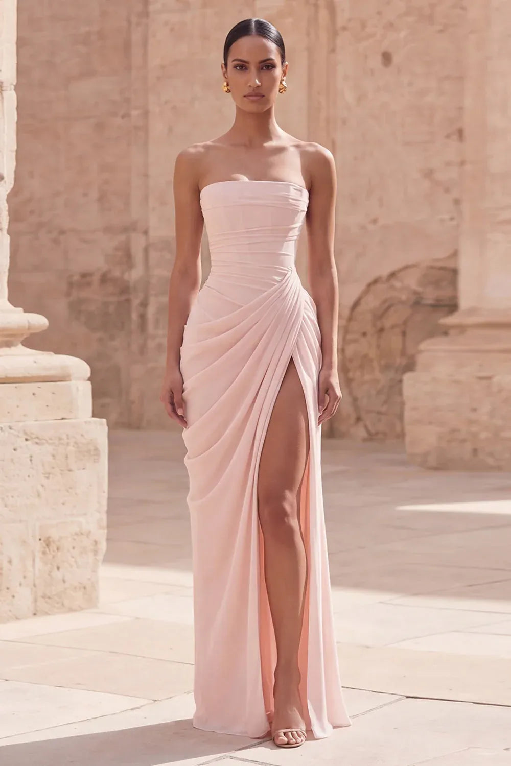 Sheath Strapless Ruched Lace-Up Blush Long Prom Dress With High Slit