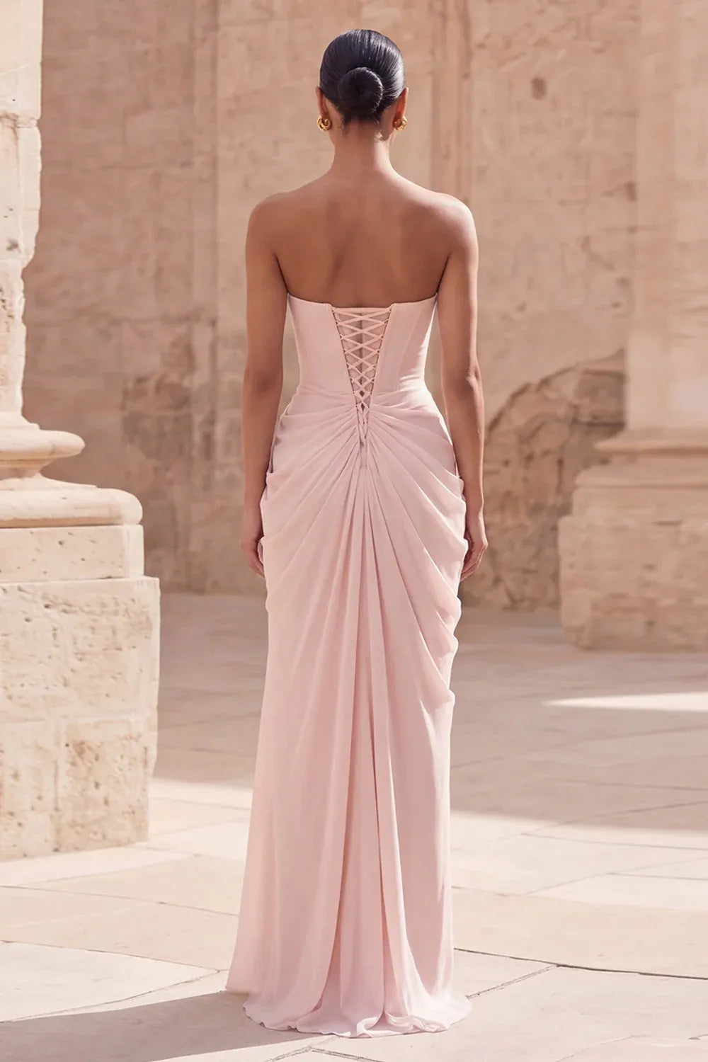 Sheath Strapless Ruched Lace-Up Blush Long Prom Dress With High Slit