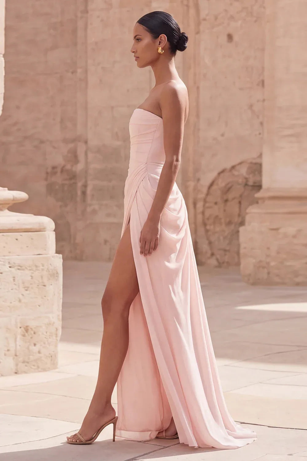 Sheath Strapless Ruched Lace-Up Blush Long Prom Dress With High Slit