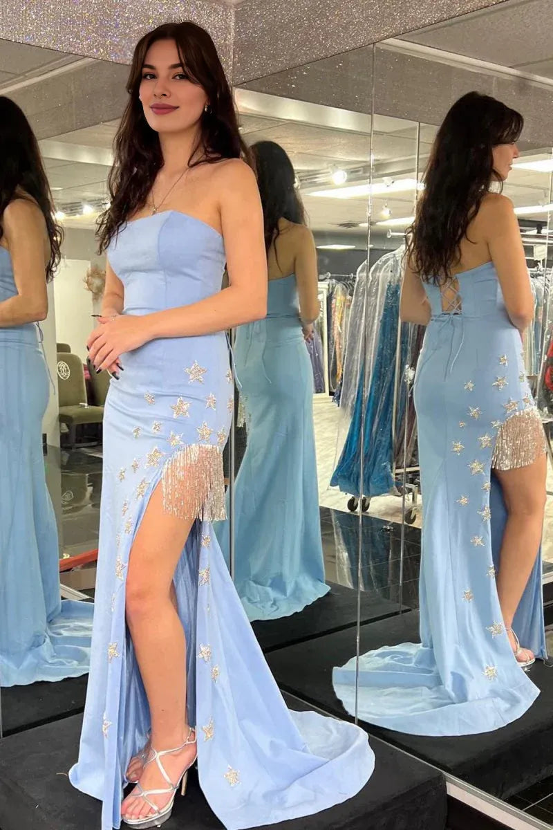 Sheath Strapless Satin Black Long Evening Dress With Stars And Fringes
