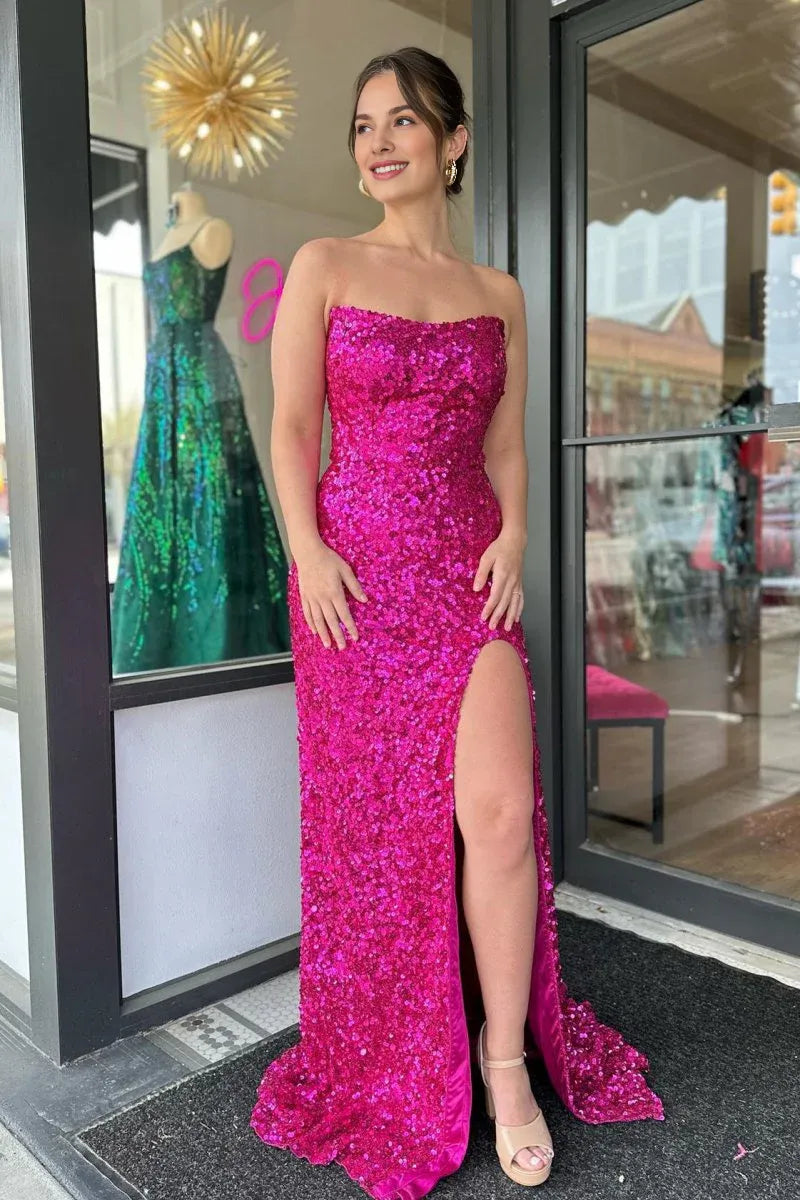 Sheath Strapless Slit Sequins Fuchsia Long Evening Dress With Train