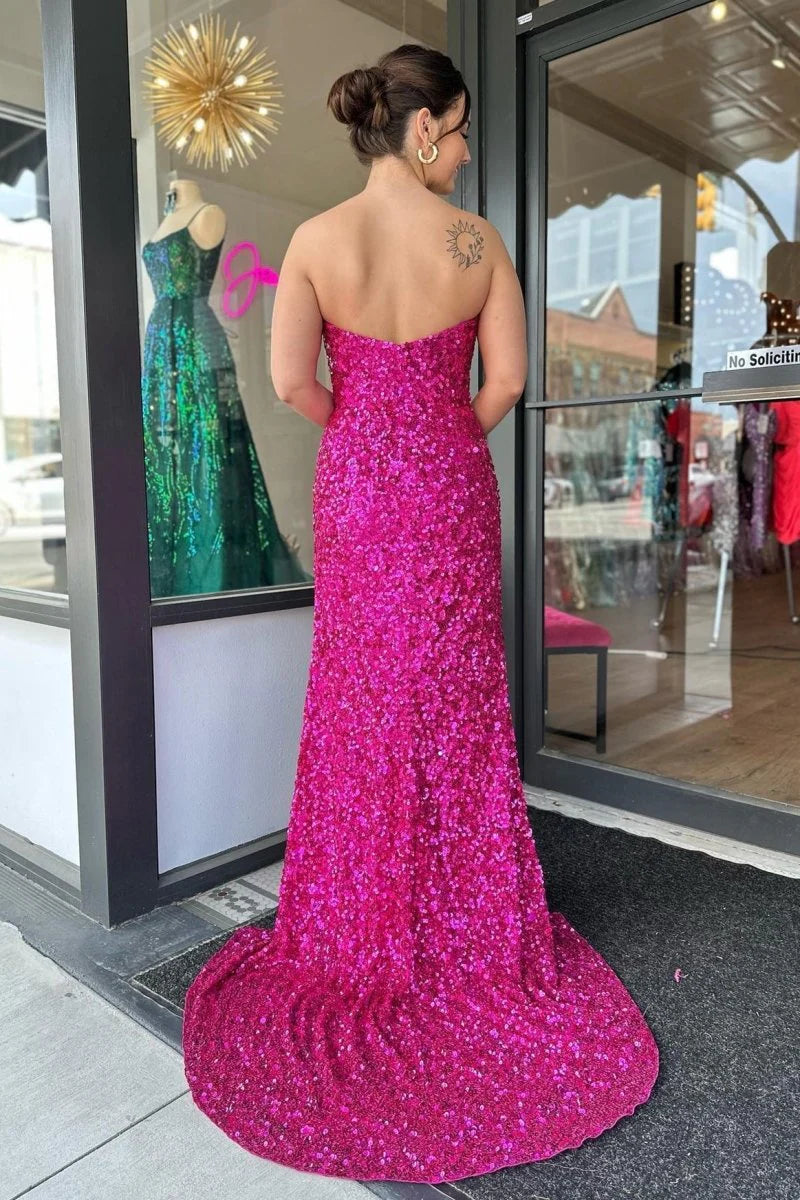 Sheath Strapless Slit Sequins Fuchsia Long Evening Dress With Train