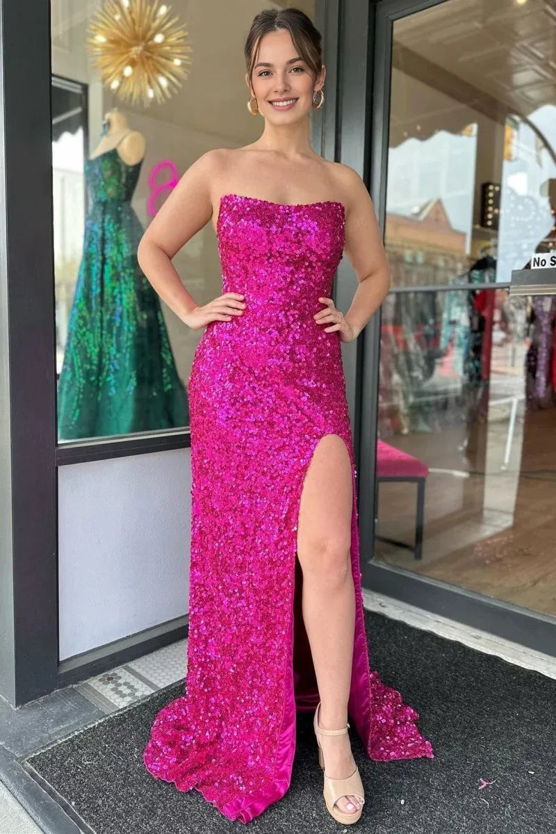 Sheath Strapless Slit Sequins Fuchsia Long Evening Dress With Train