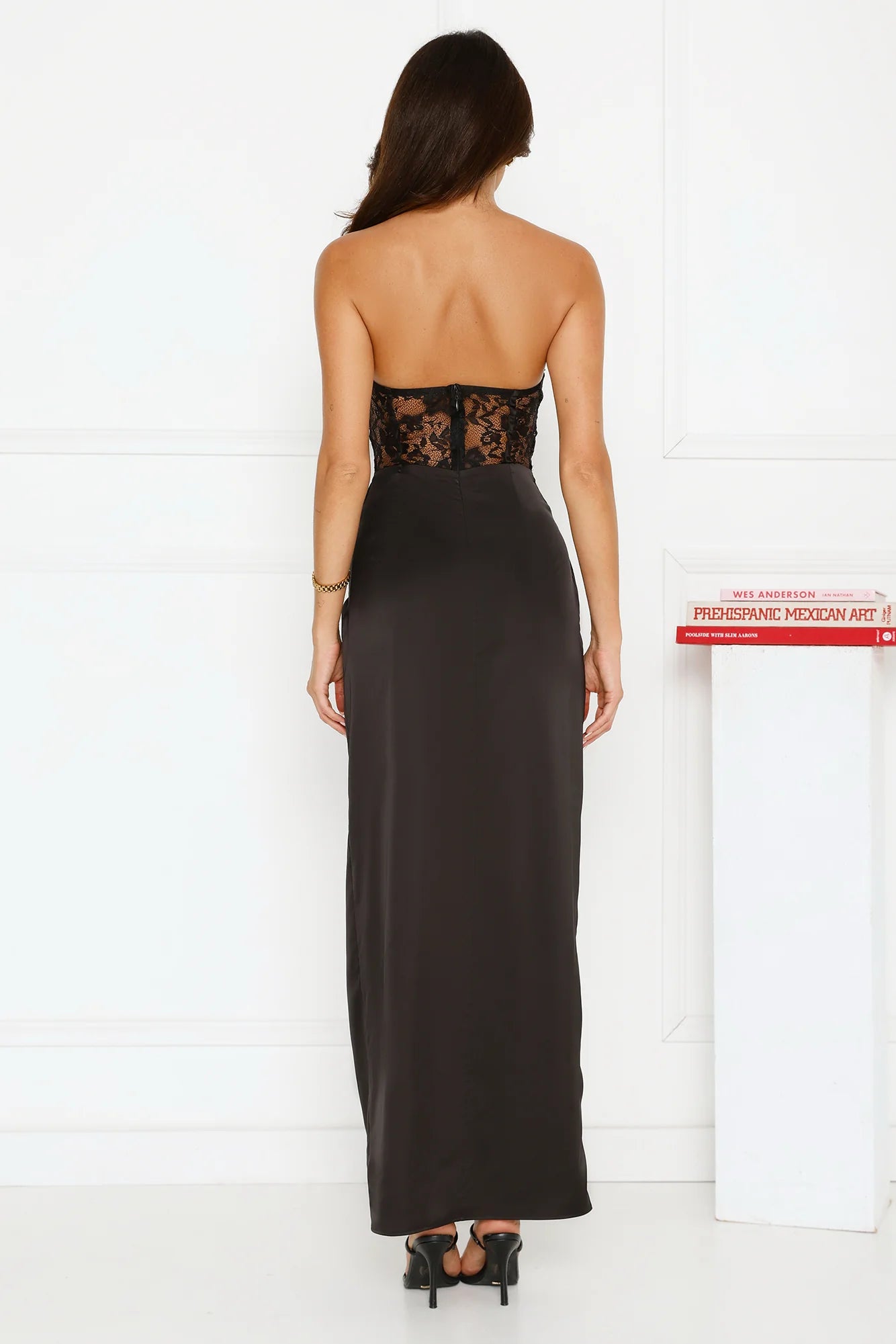 Sheath Strapless Twisted Sheer Lace Satin Black Maxi Evening Dress With High Slit
