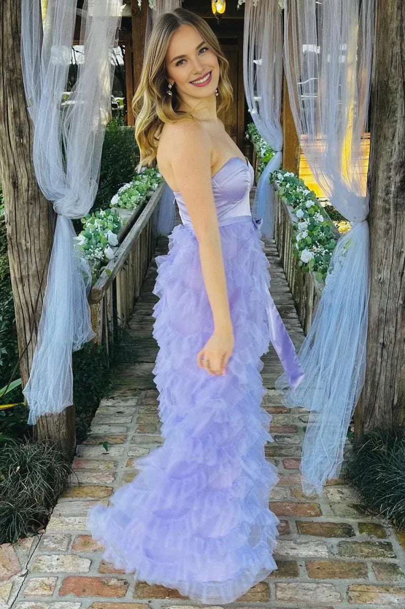 Sheath Sweetheart Bow Belt Ruffle Lavender Maxi Prom Dress