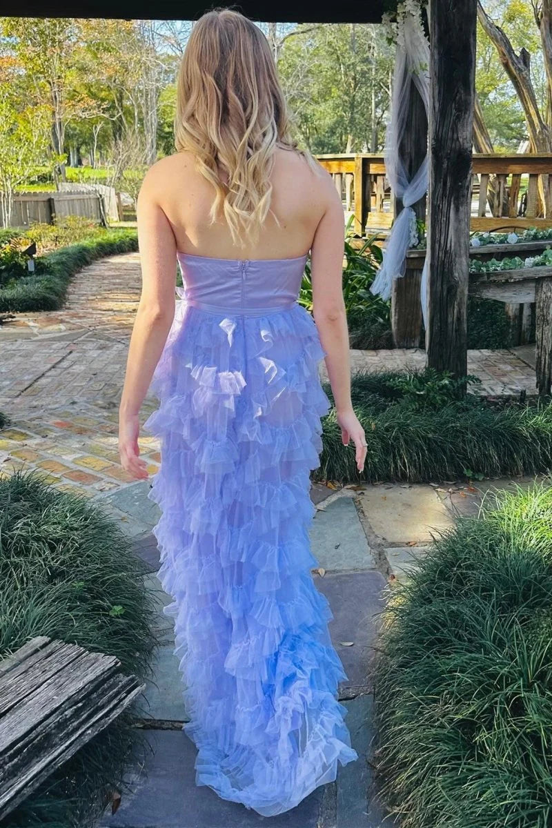 Sheath Sweetheart Bow Belt Ruffle Lavender Maxi Prom Dress