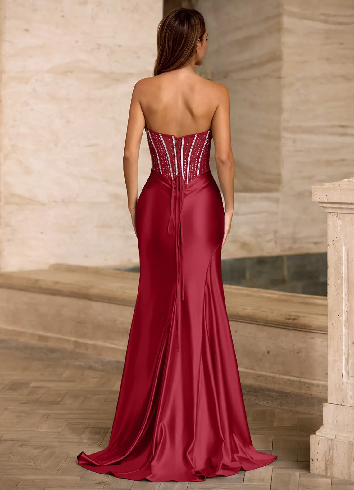 Sheath Sweetheart Corset Slit Satin Black Prom Dress With Rhinestone
