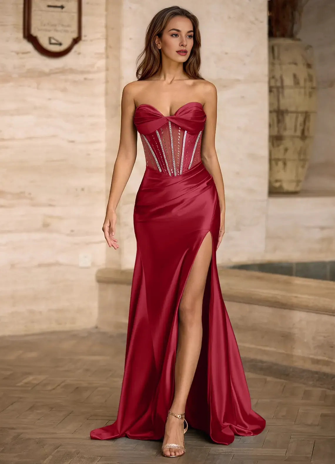 Sheath Sweetheart Corset Slit Satin Black Prom Dress With Rhinestone