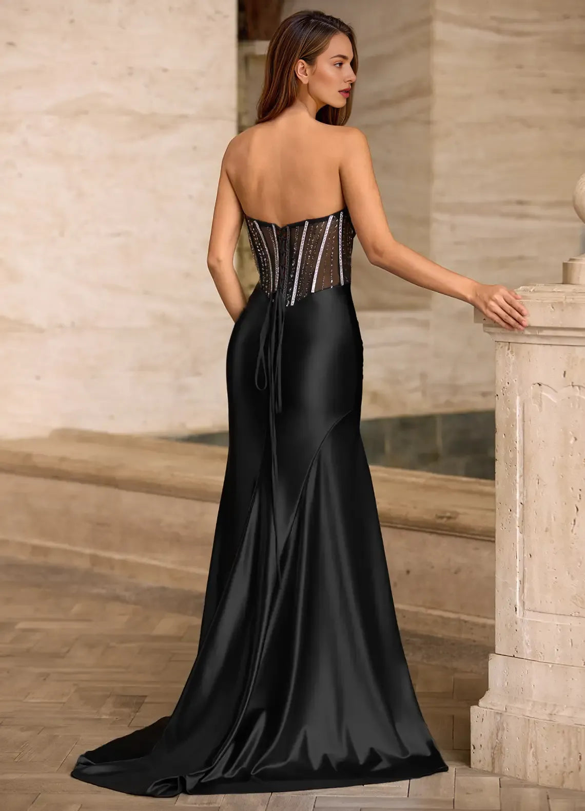 Sheath Sweetheart Corset Slit Satin Black Prom Dress With Rhinestone