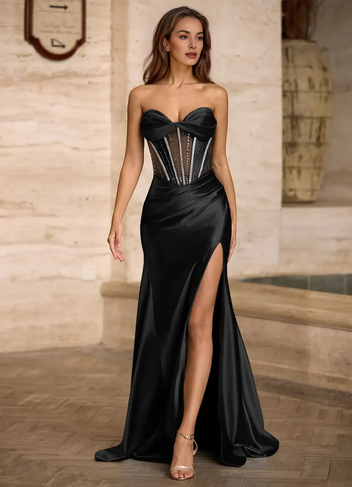 Sheath Sweetheart Corset Slit Satin Black Prom Dress With Rhinestone