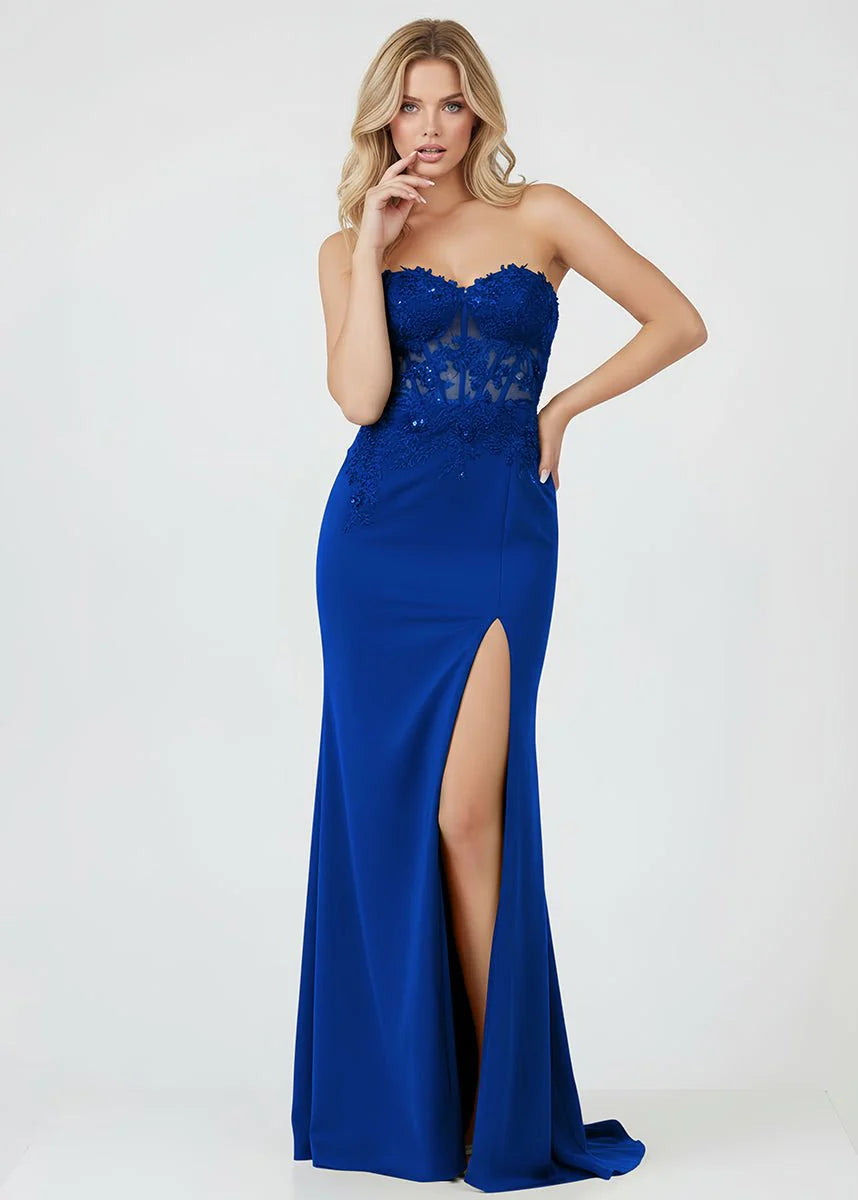 Sheath Sweetheart Lace Appliques Satin Black Long Prom Dress With Slit