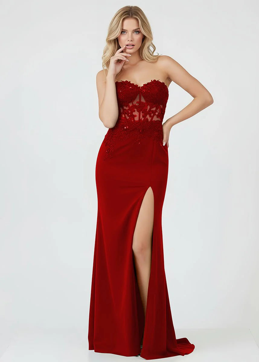 Sheath Sweetheart Lace Appliques Satin Black Long Prom Dress With Slit