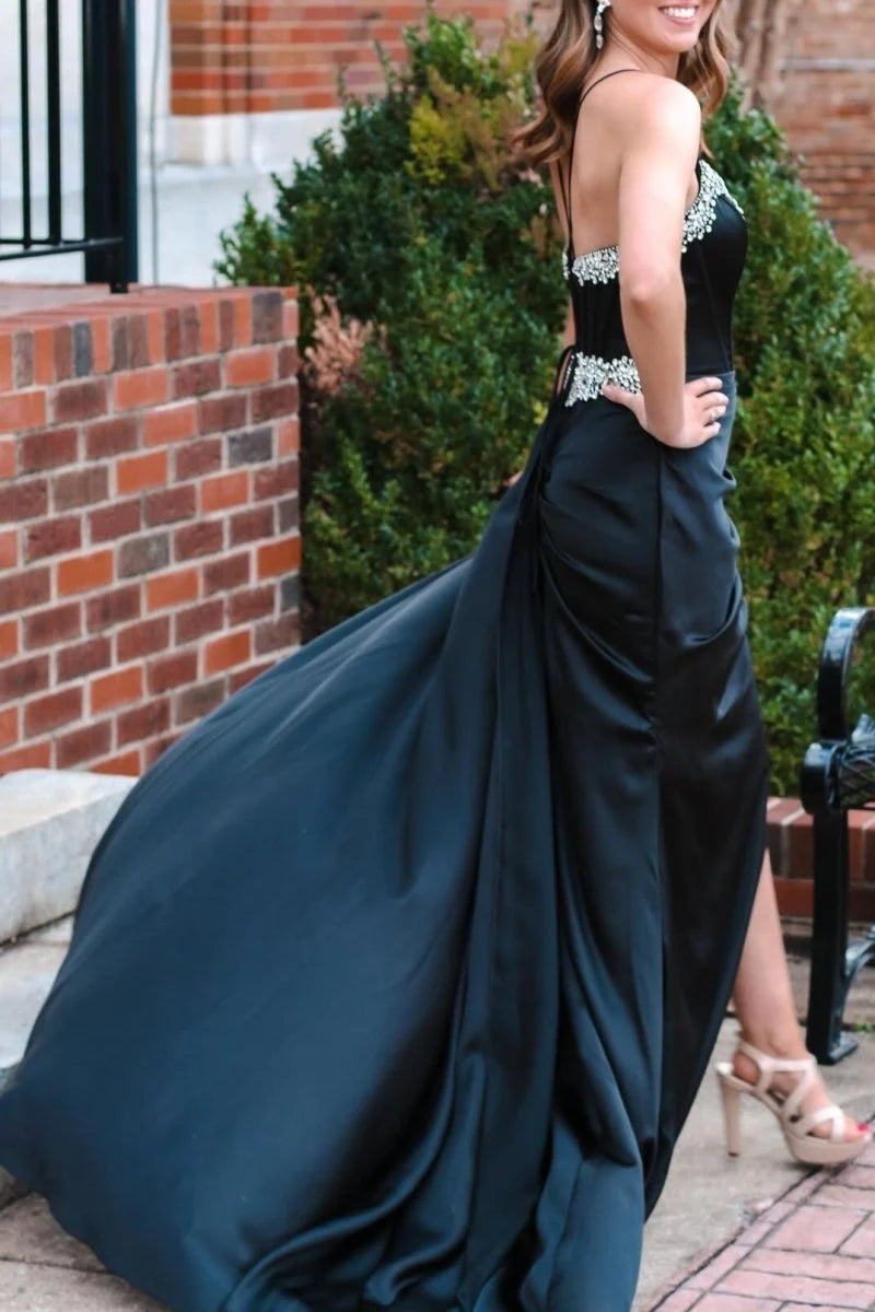 Sheath V-Neck Rhinestone Slit Black Long Evening Dress With Train