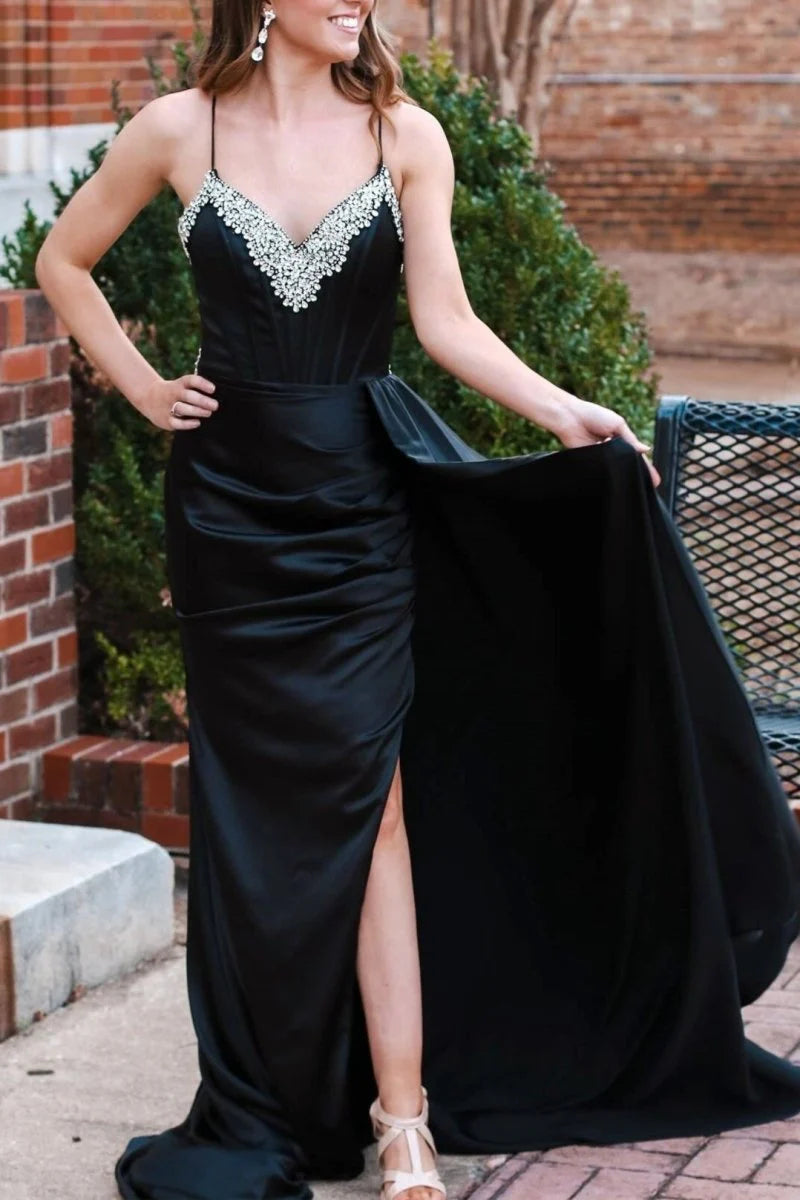 Sheath V-Neck Rhinestone Slit Black Long Evening Dress With Train