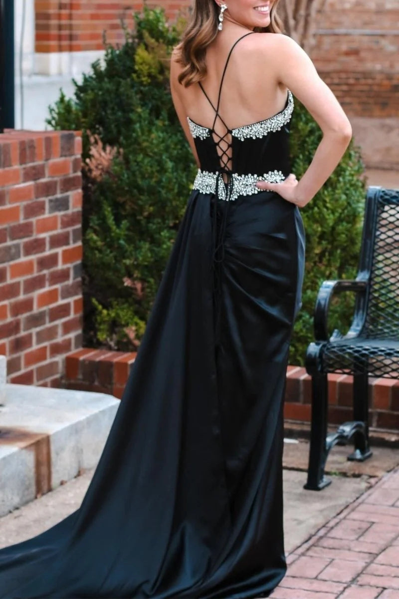 Sheath V-Neck Rhinestone Slit Black Long Evening Dress With Train