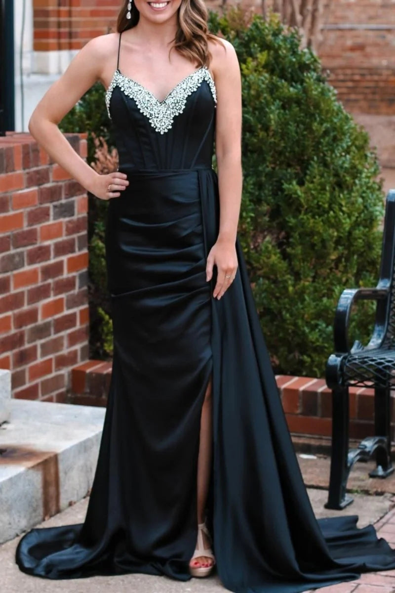 Sheath V-Neck Rhinestone Slit Black Long Evening Dress With Train