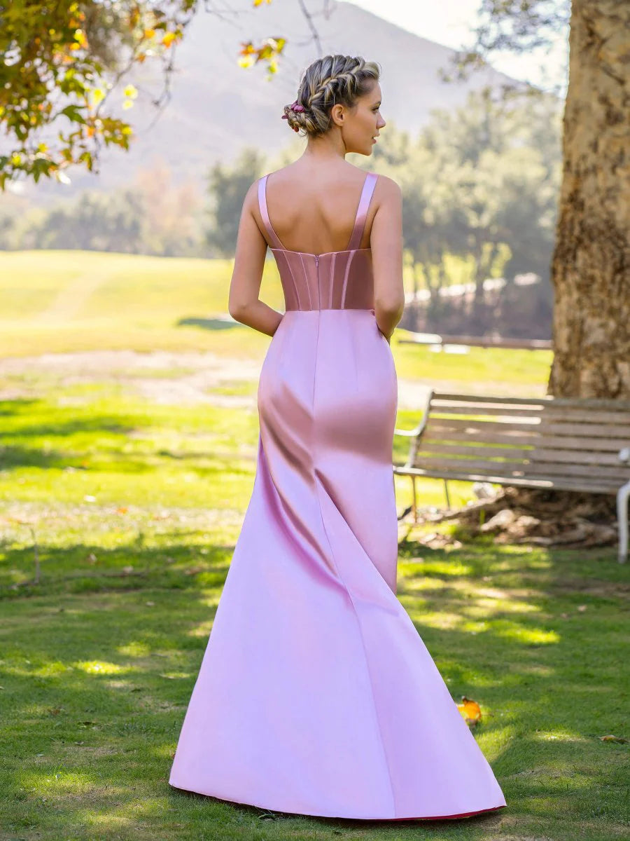 Sheath V-Neck Satin Pink Floor Length Evening Dress With Slit Hot Sale