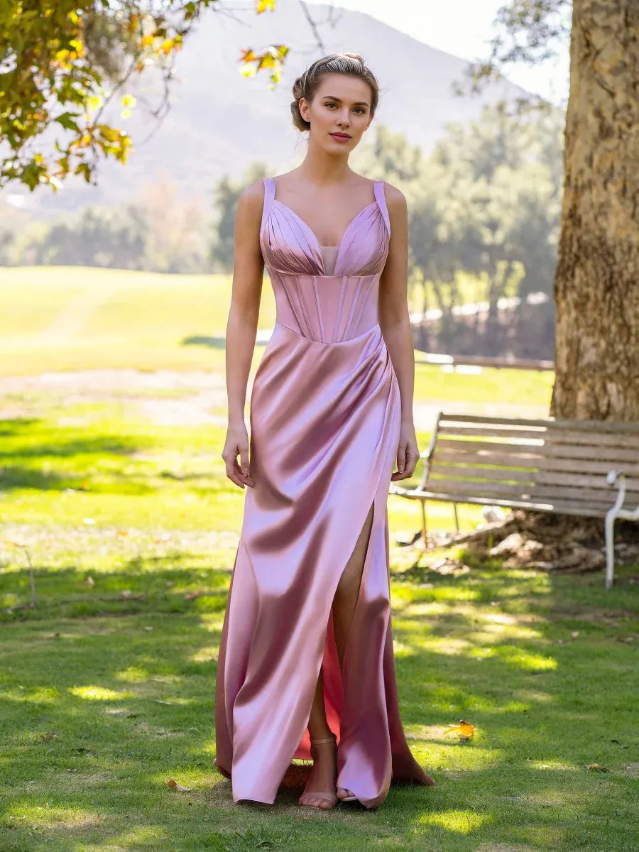 Sheath V-Neck Satin Pink Floor Length Evening Dress With Slit Hot Sale
