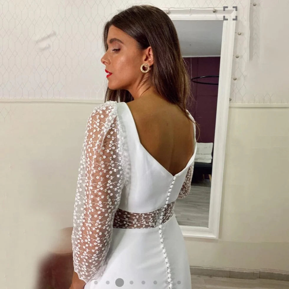 Sheath White Satin Lace Sequins Cutout V Neck Long Sleeves Long Wedding Dress