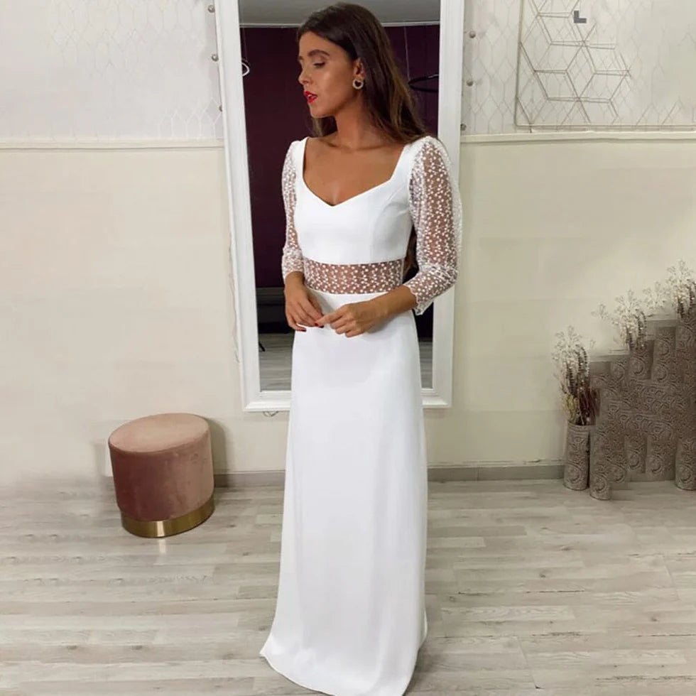 Sheath White Satin Lace Sequins Cutout V Neck Long Sleeves Long Wedding Dress