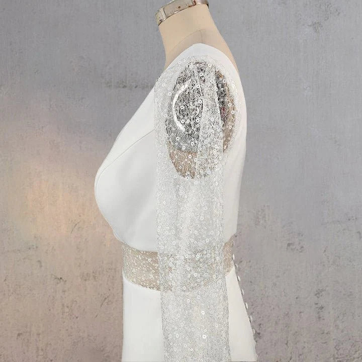 Sheath White Satin Lace Sequins Cutout V Neck Long Sleeves Long Wedding Dress