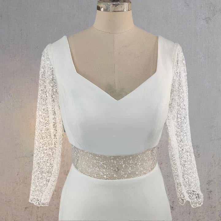 Sheath White Satin Lace Sequins Cutout V Neck Long Sleeves Long Wedding Dress