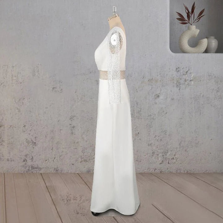 Sheath White Satin Lace Sequins Cutout V Neck Long Sleeves Long Wedding Dress