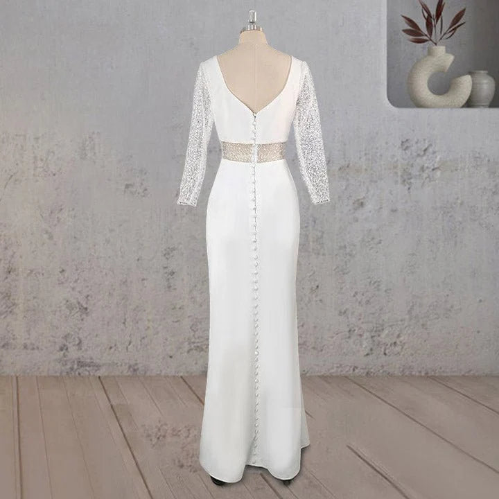 Sheath White Satin Lace Sequins Cutout V Neck Long Sleeves Long Wedding Dress