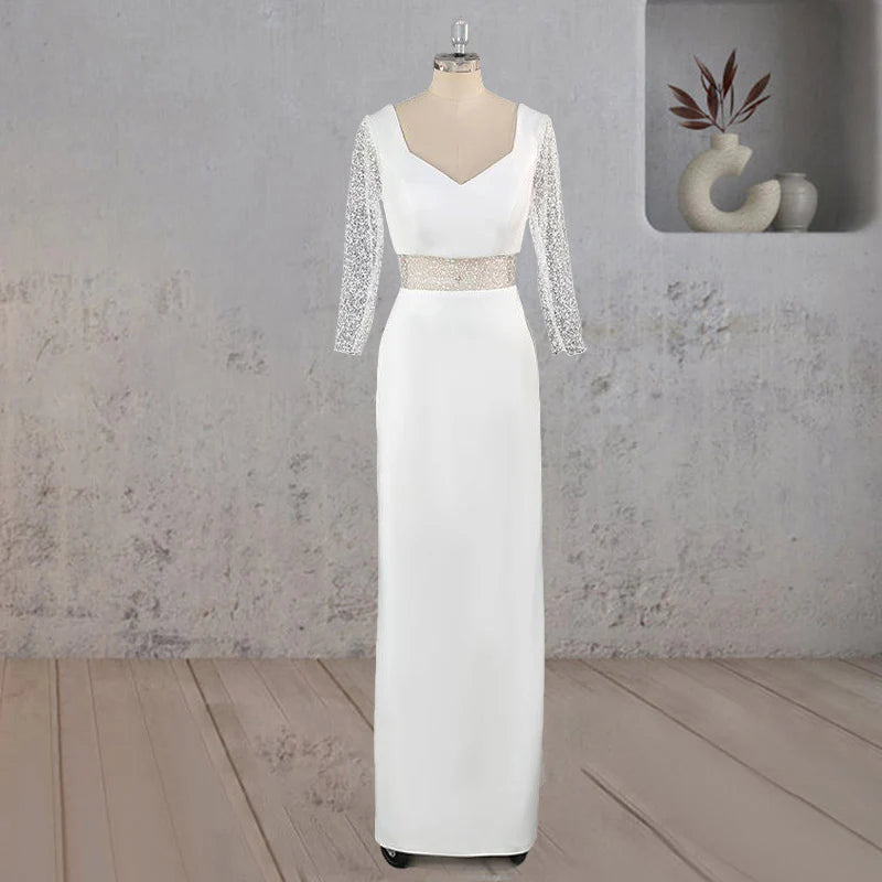 Sheath White Satin Lace Sequins Cutout V Neck Long Sleeves Long Wedding Dress