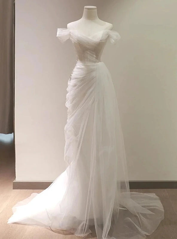Sheath Off-Shoulder Draped Ruched Tulle White Floor-Length Wedding Dress