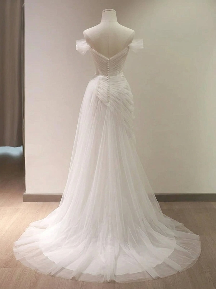 Sheath Off-Shoulder Draped Ruched Tulle White Floor-Length Wedding Dress
