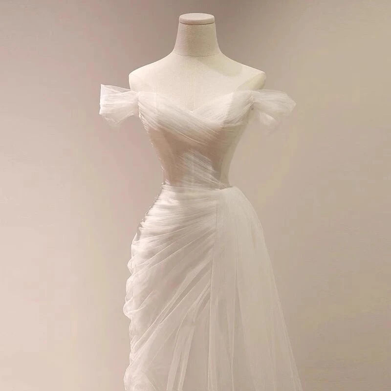 Sheath Off-Shoulder Draped Ruched Tulle White Floor-Length Wedding Dress