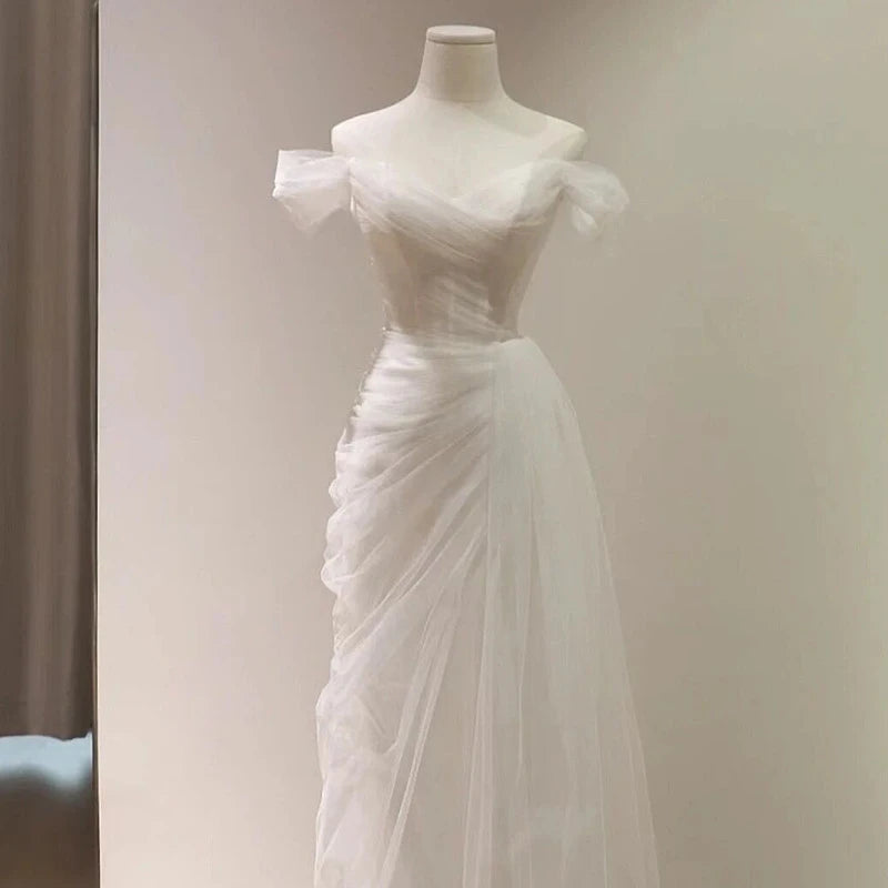 Sheath Off-Shoulder Draped Ruched Tulle White Floor-Length Wedding Dress