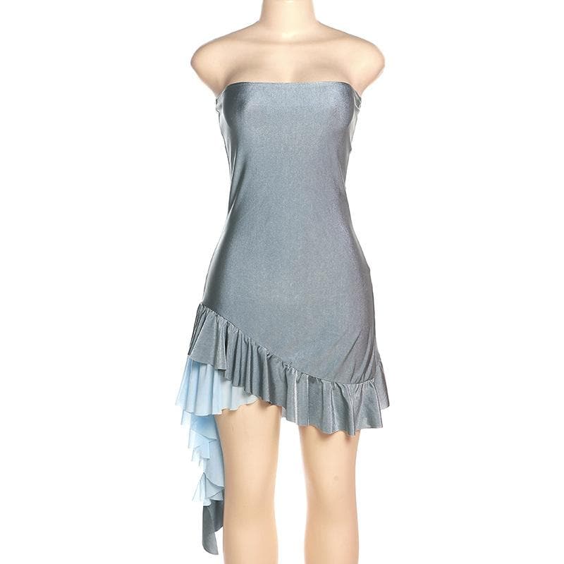 Back view of the strapless shimmering grey mini dress.