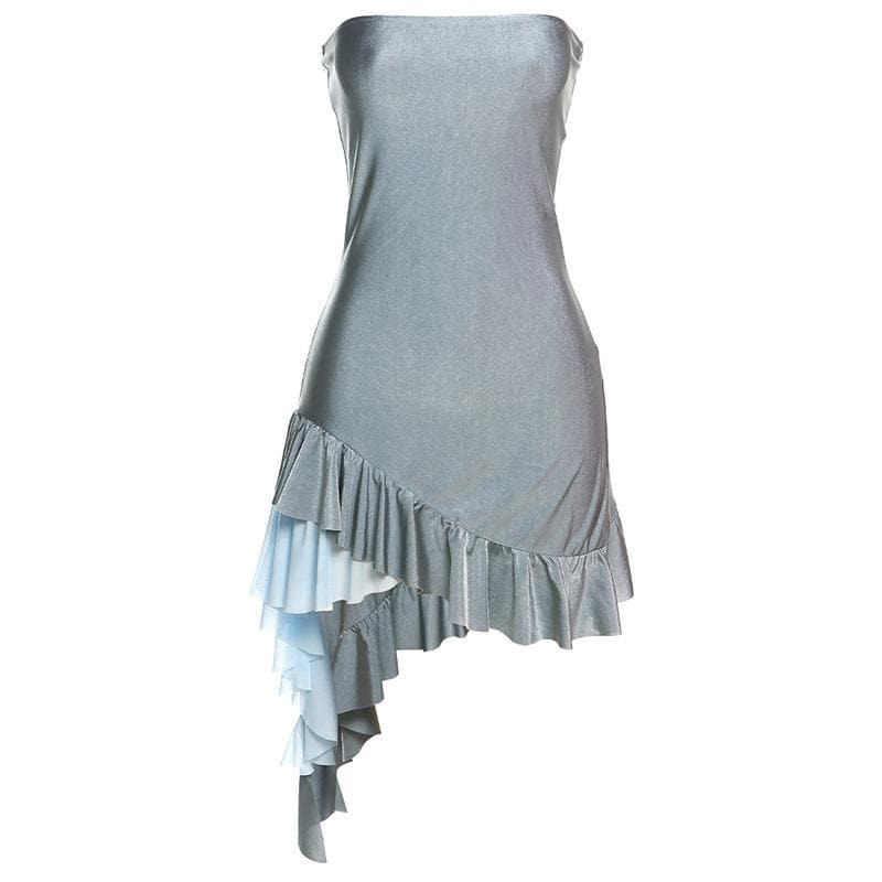 Full view of model in shimmering grey strapless mini dress for homecoming.
