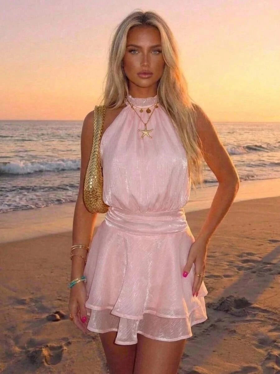 Shimmering A-Line Halter Tiered Ruffled Backless Pink Mini Homecoming Dress