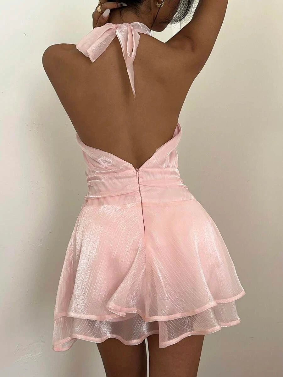Shimmering A-Line Halter Tiered Ruffled Backless Pink Mini Homecoming Dress