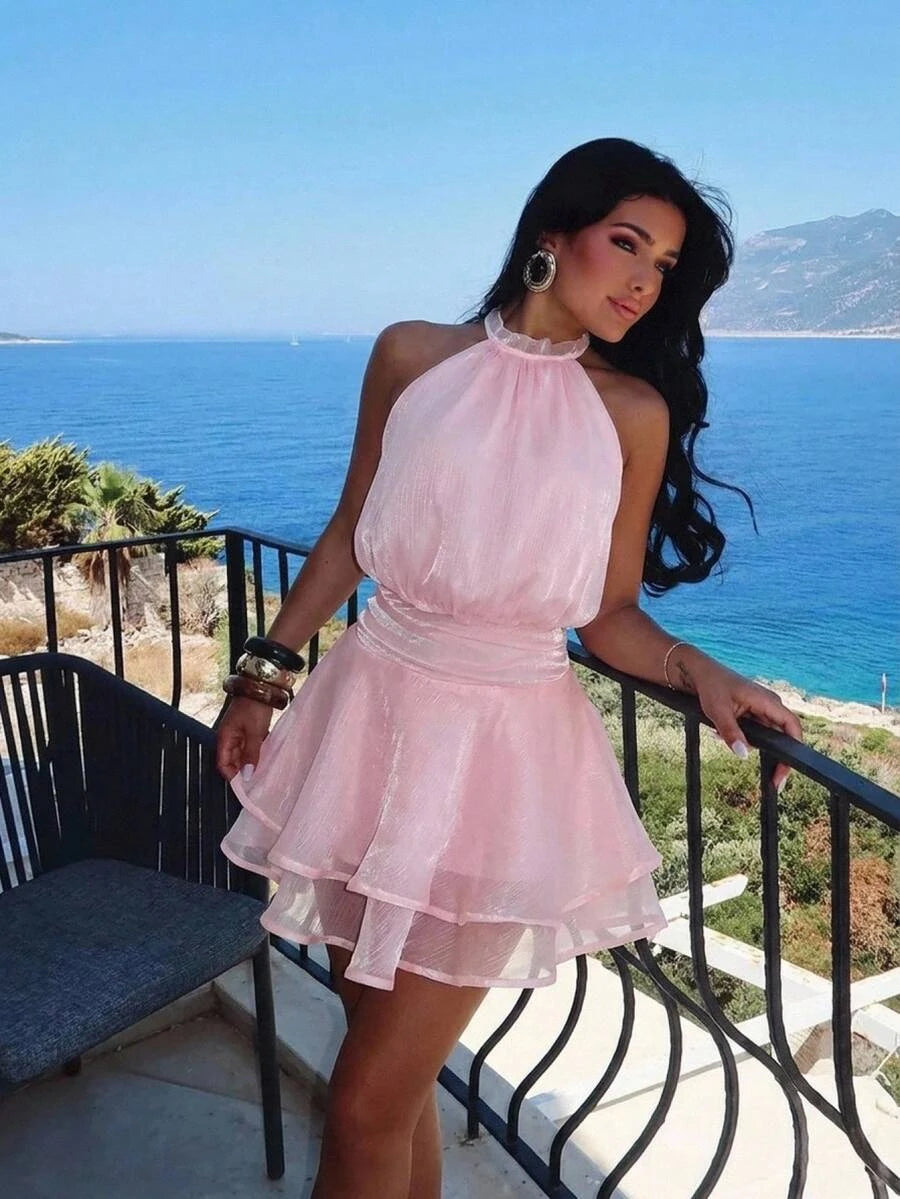 Shimmering A-Line Halter Tiered Ruffled Backless Pink Mini Homecoming Dress