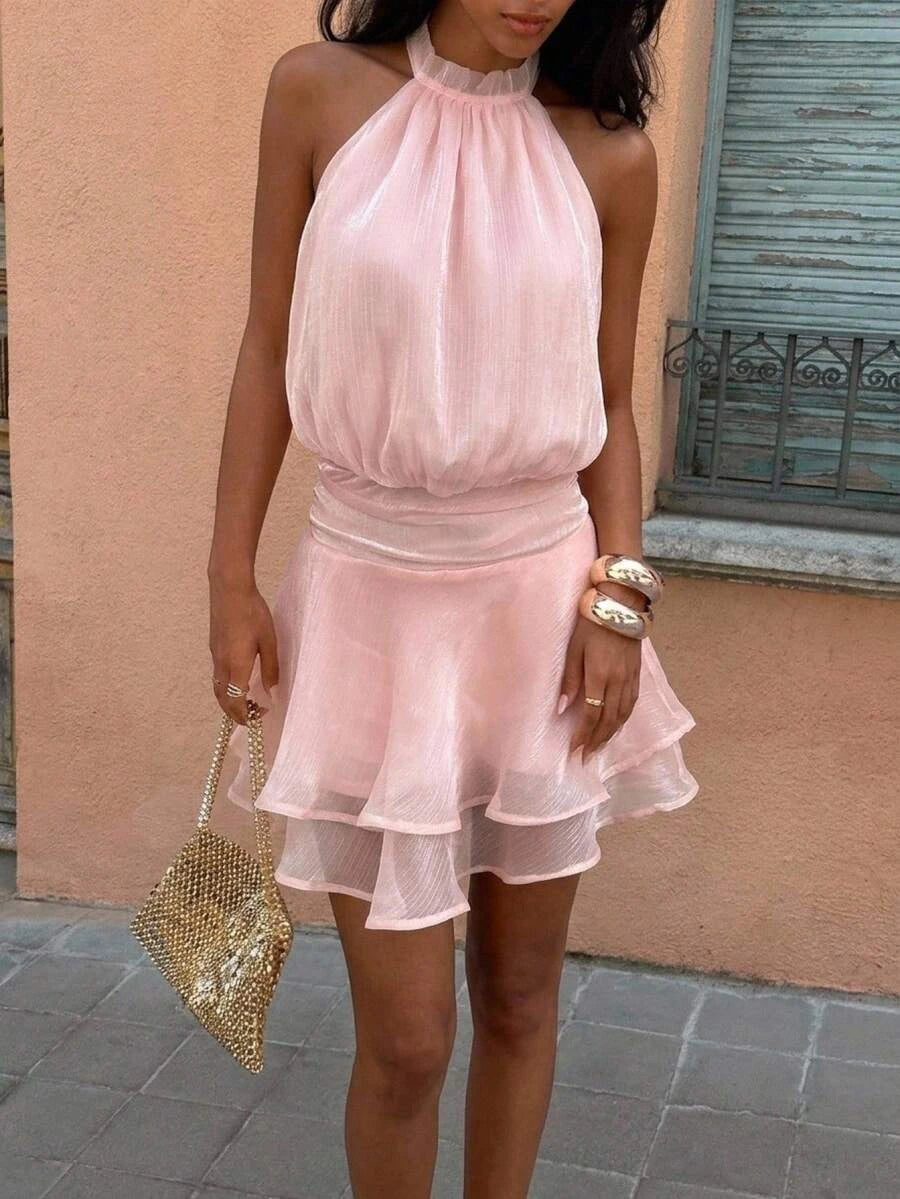 Shimmering A-Line Halter Tiered Ruffled Backless Pink Mini Homecoming Dress