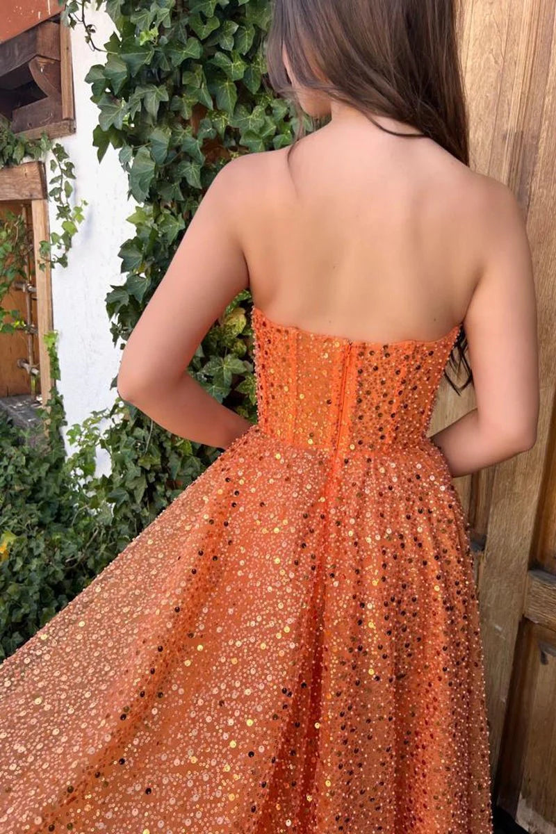 Shine A-Line Sweetheart Sequin Orange Midi Evening Dress Prom Dress
