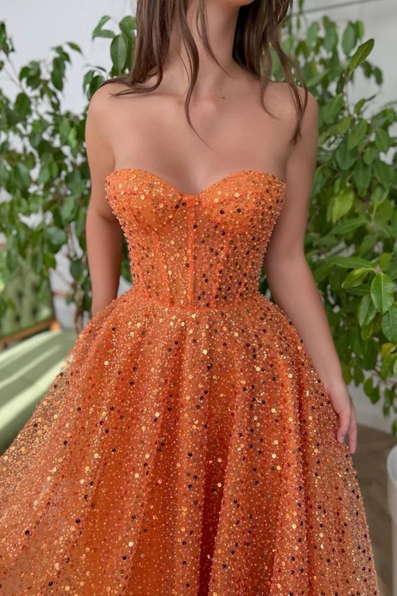 Shine A-Line Sweetheart Sequin Orange Midi Evening Dress Prom Dress