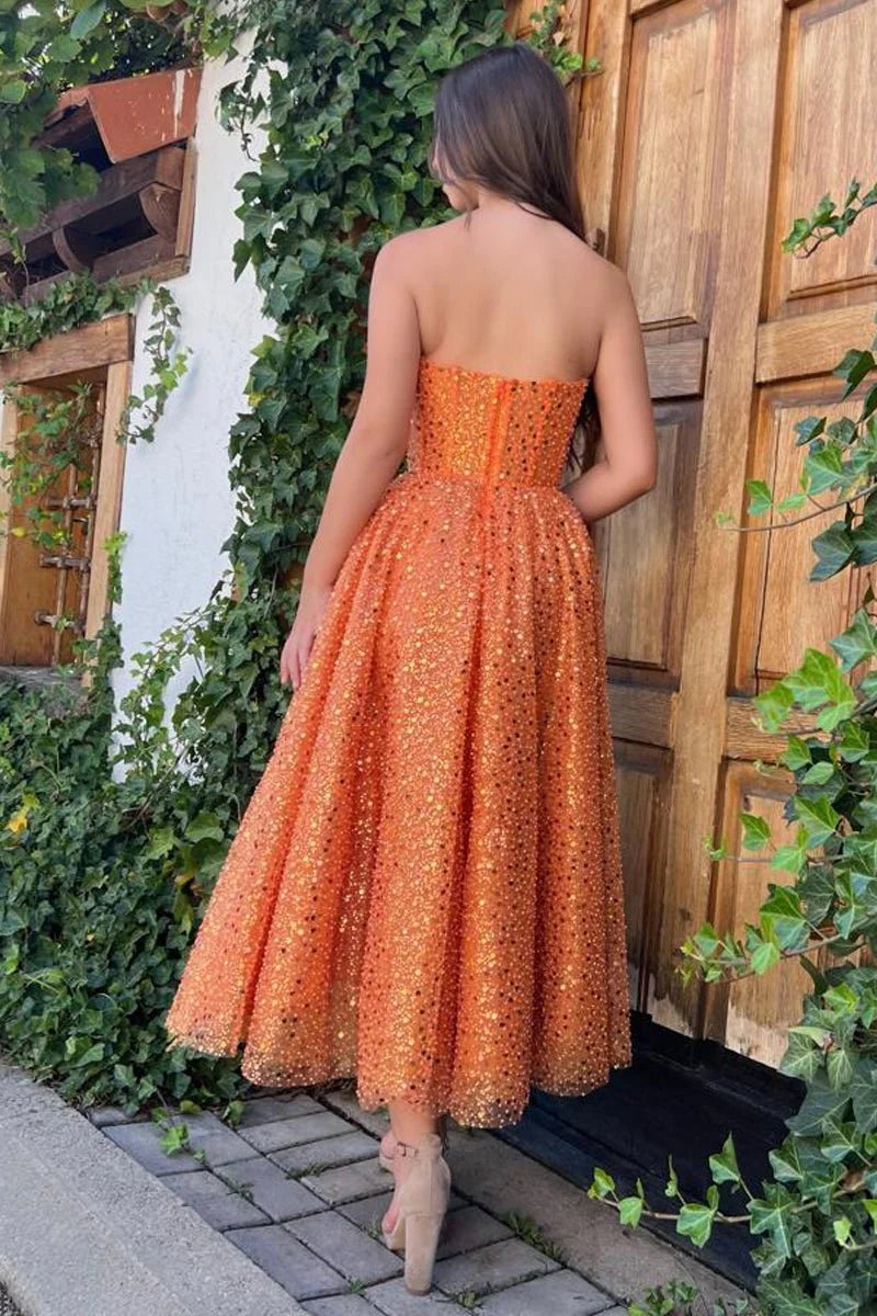 Shine A-Line Sweetheart Sequin Orange Midi Evening Dress Prom Dress