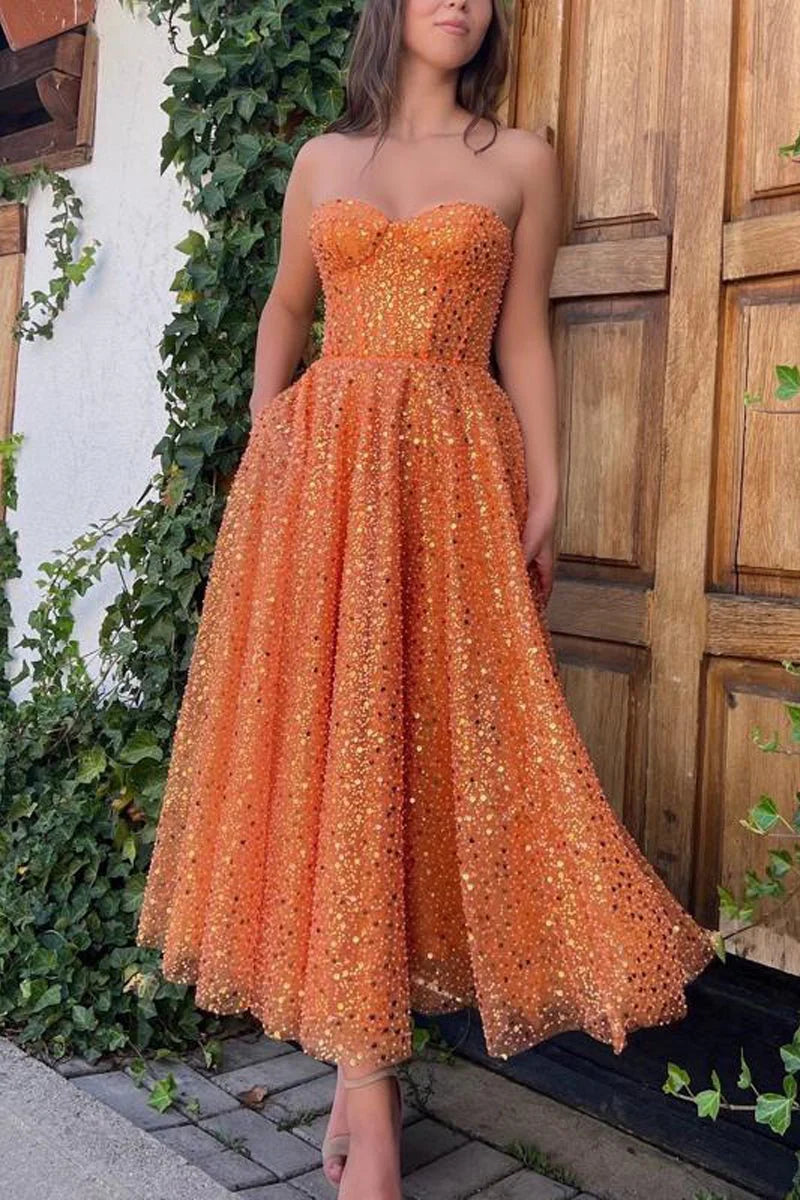 Shine A-Line Sweetheart Sequin Orange Midi Evening Dress Prom Dress