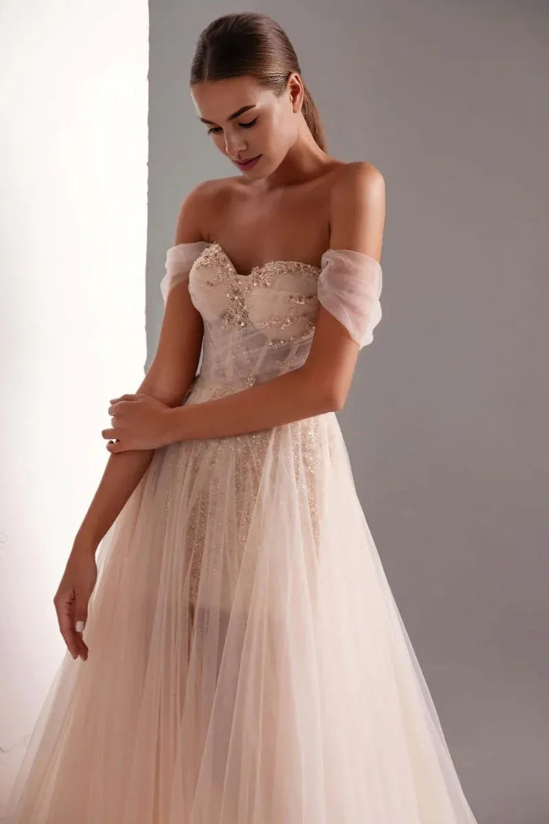 Shining A-Line Off-the-Shoulder Beaded Sequins Tulle Long Prom Dress