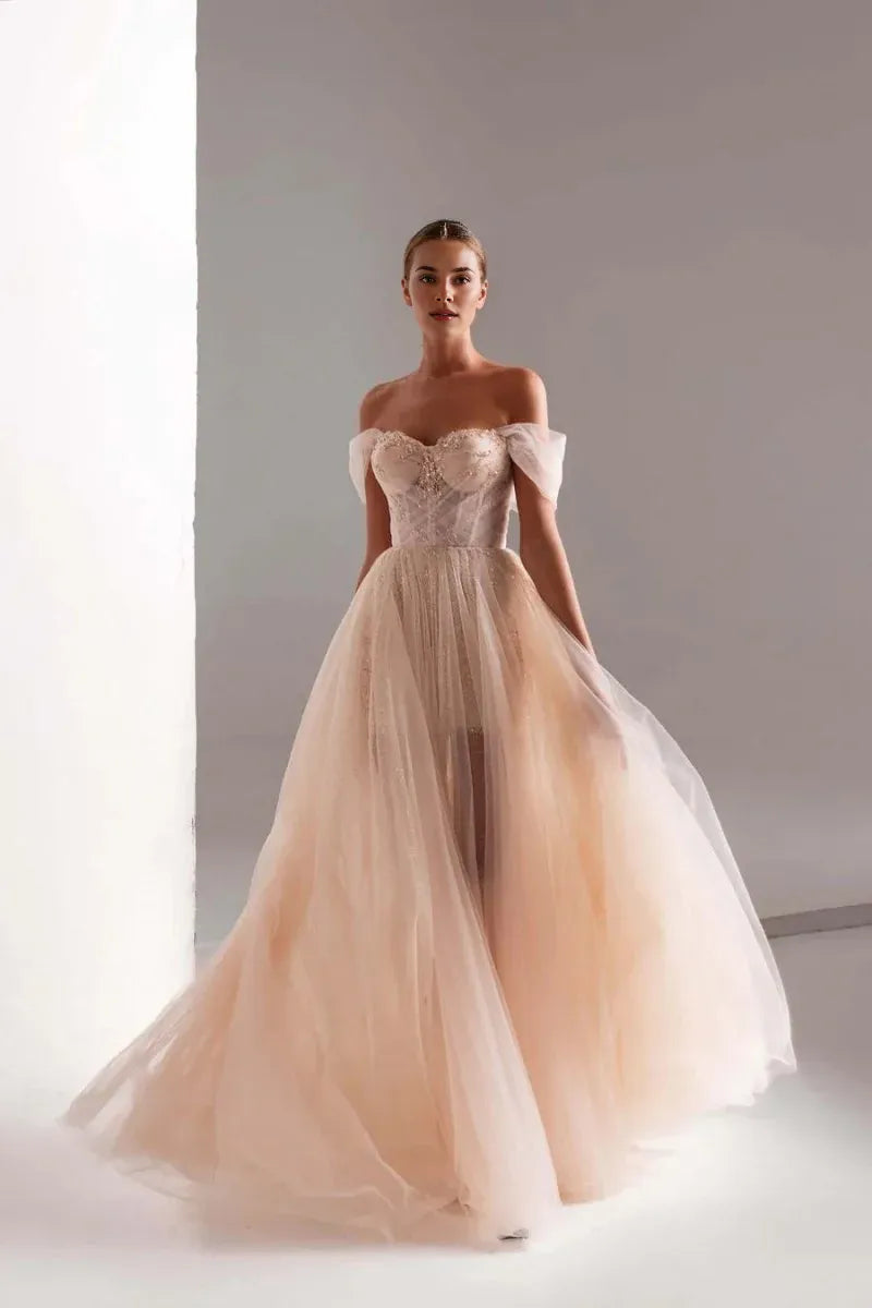 Shining A-Line Off-the-Shoulder Beaded Sequins Tulle Long Prom Dress