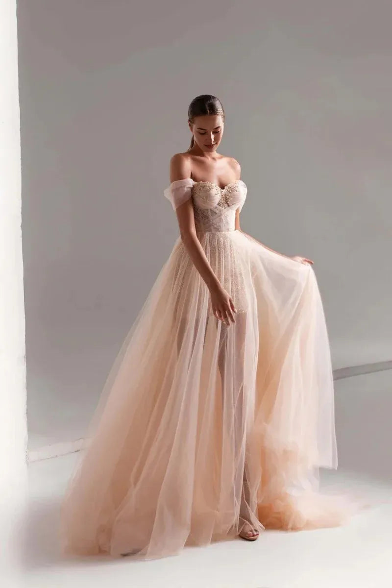 Shining A-Line Off-the-Shoulder Beaded Sequins Tulle Long Prom Dress